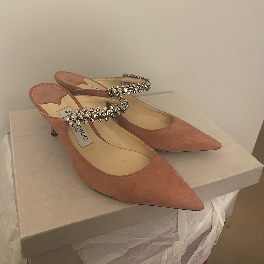 Jimmy Choo Bing 65mm suede mule with crystal strap in Rosewood